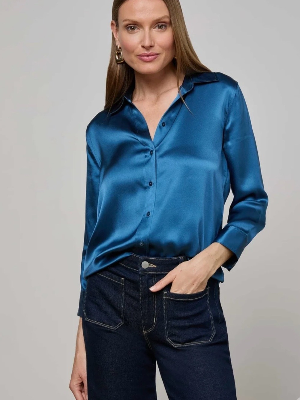 L’Agence Dani Silk Button-Front Blouse in Blue Teal size XXS